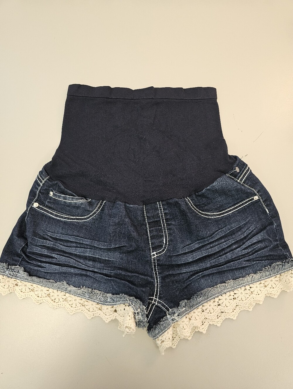Maternity Denim-Look Navy Shorts with Lace Trim